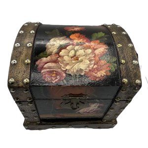 Vtg Wooden Chest Box Painted Cabbage Rose Floral Cottage Baroque